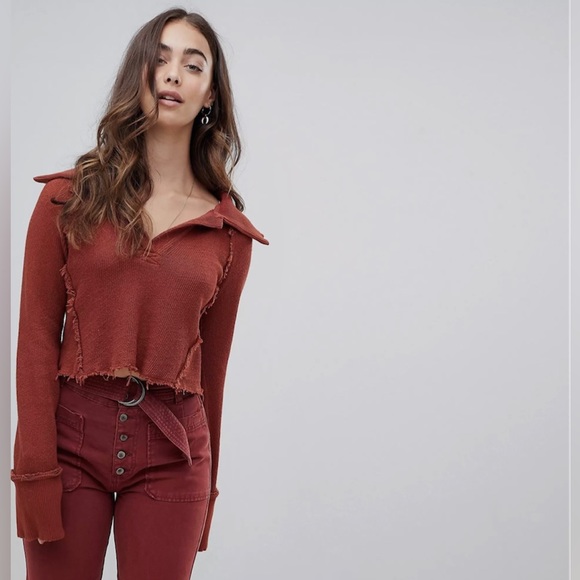 We The Free by Free People Darcy Cropped Distressed Burnt Orange Sweater Sz S - Picture 3 of 15